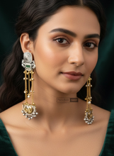Load image into Gallery viewer, Elephant 92.5 silver coated Fusion Long Ghungroo Carved stone pearl Kashmiri earrings
