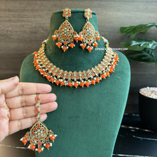 Load image into Gallery viewer, Orange Golden Polki Necklace Set with maangtikkai

