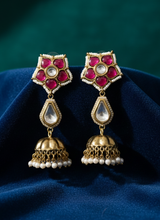 Load image into Gallery viewer, Fusion 92.5 silver coated Dual Tone Ghungroo Ruby Pachi Jhumka  earrings
