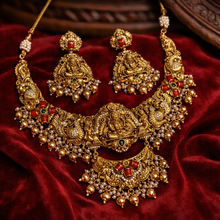 Load image into Gallery viewer, Lakshmi ji peacock coral Ruby green golden Temple Necklace set
