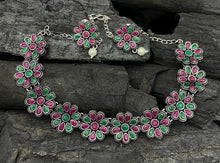 Load image into Gallery viewer, German Silver Flower Multicolor Premium stone Necklace set
