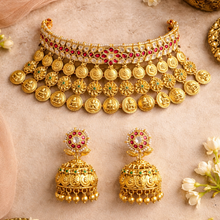 Load image into Gallery viewer, Ruby White Gold plated 1gm Lakshmi choker ethnic temple necklace set

