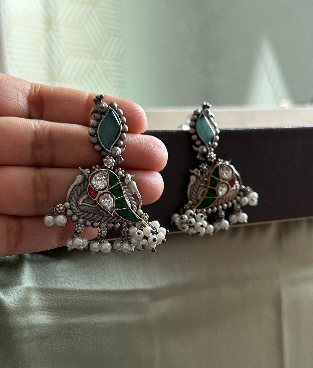 German Silver Bird Pachi Kundan earrings