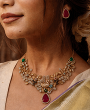 Load image into Gallery viewer, Peacock Red Theme Sabya floral gemstone premium necklace set
