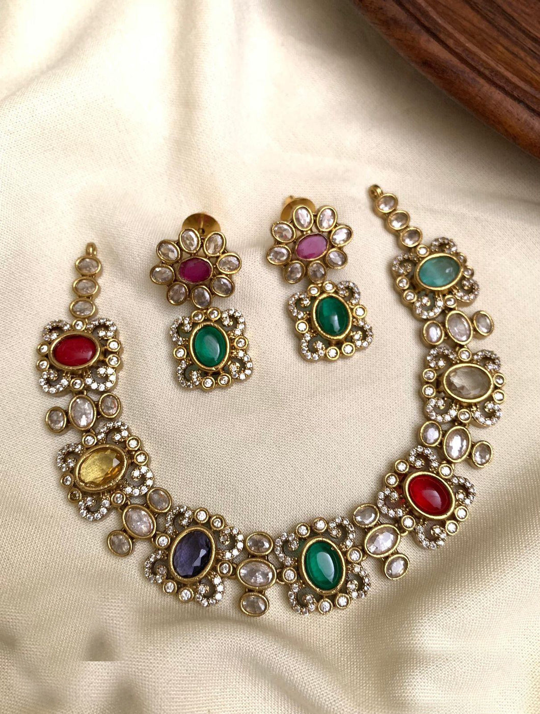 Golden Multicolor Dainty Cz Simple Temple necklace set