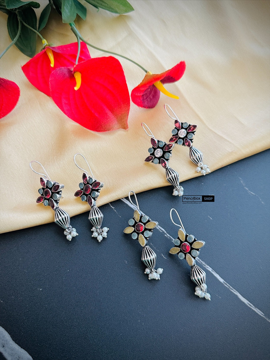 German silver Lookalike fish hook stone earrings