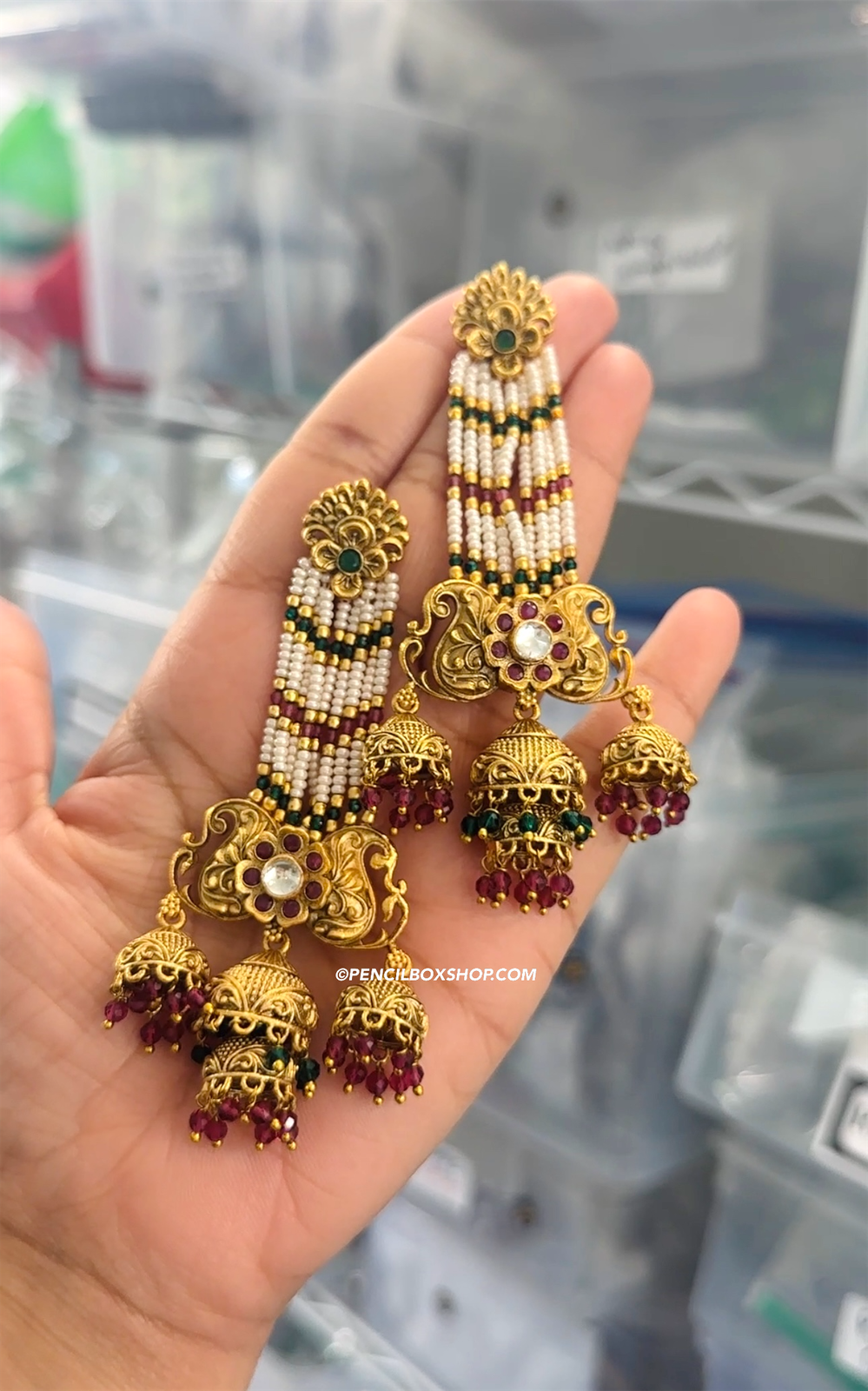 Ruby green Pearl Long Jhumka Statement Earrings