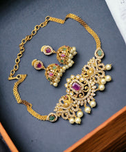Load image into Gallery viewer, Peacock cz Kemp Stone Choker temple ethnic Necklace set
