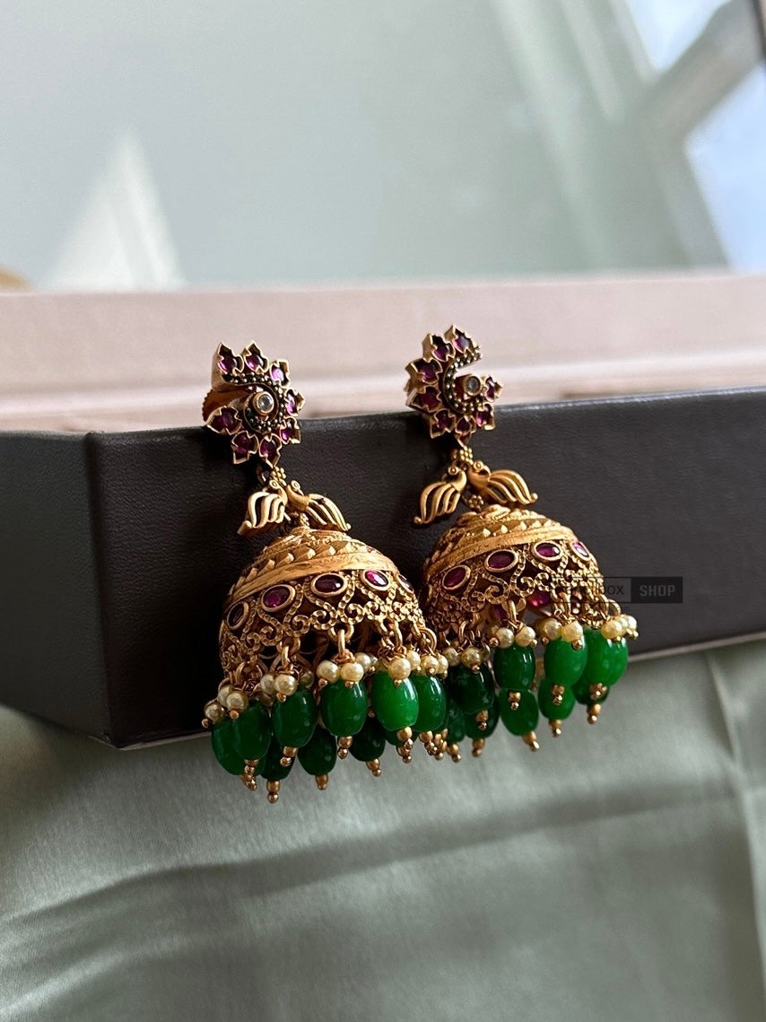 Kemp Stone Peacock Hanging Drop Temple jhumka  earrings
