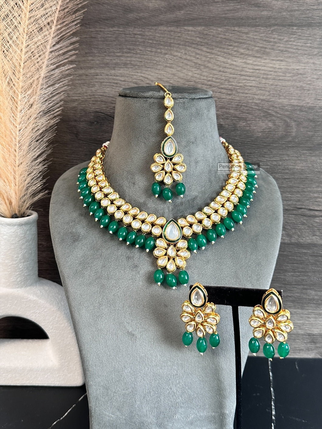 Rani green Drop Kundan back Meenakari Necklace set