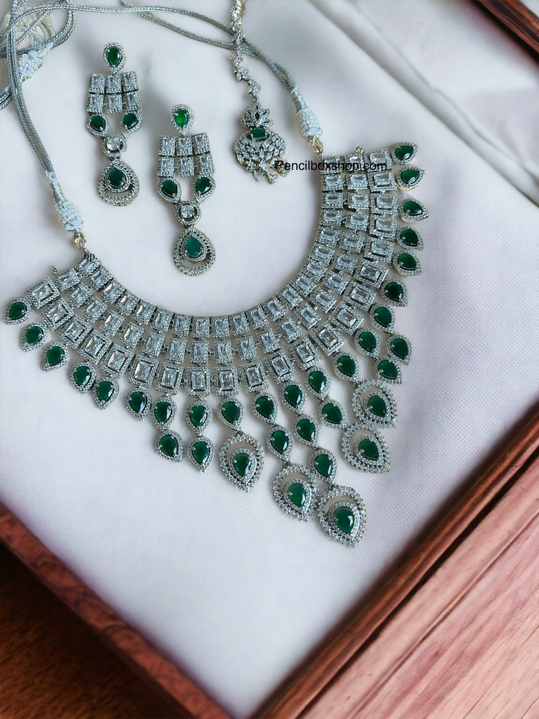 American Diamond Bridal Emerald Green Choker Necklace set with Maangtikka
