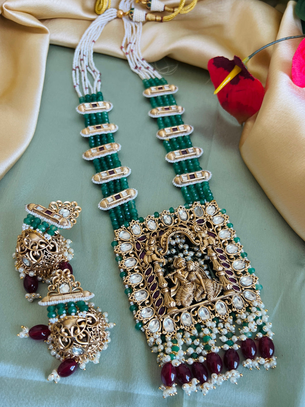 Radha krishna Pearl long Statement Designer Premium Necklace set