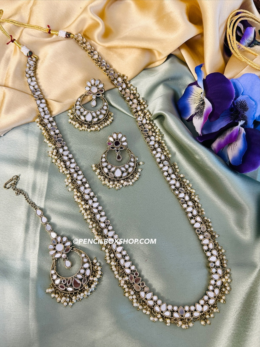 Lia Golden Long Mirror Sleek Necklace set with maangtikka