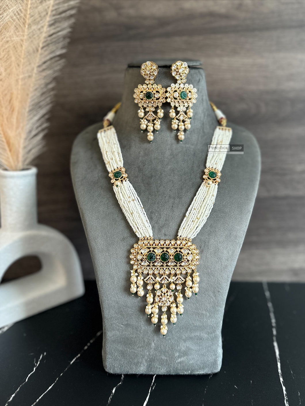 Falak 22k gold plated Green Pearl Long Tayani Premium Necklace set
