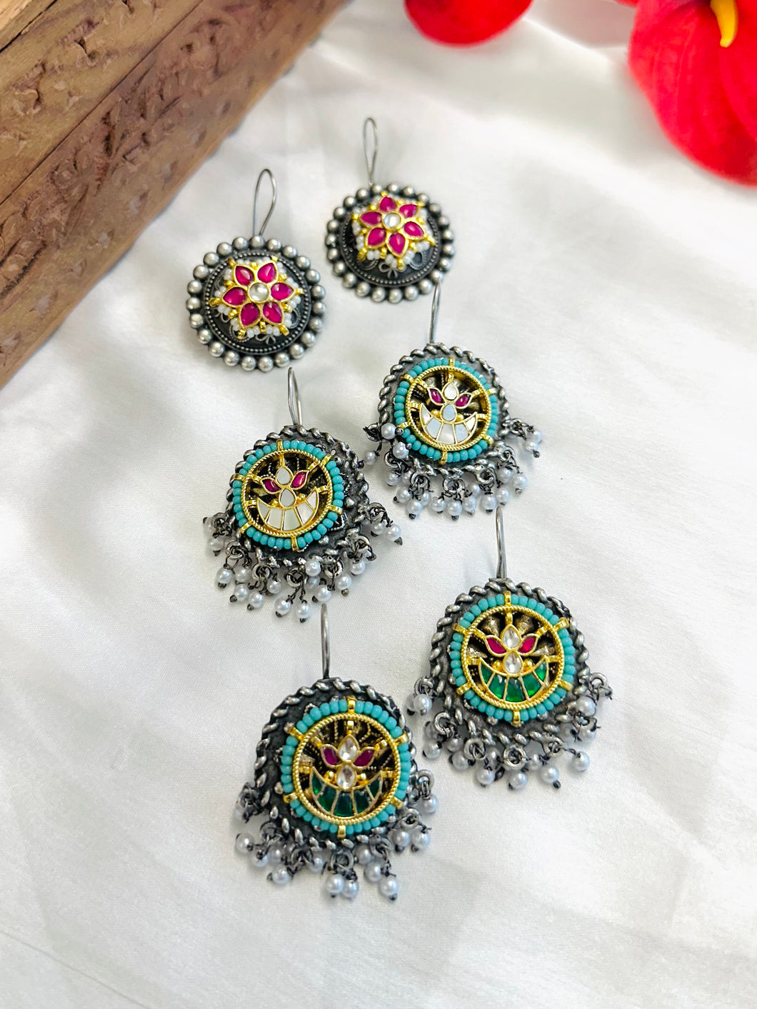 Fish Hook Pachi kundan German silver Drop earrings
