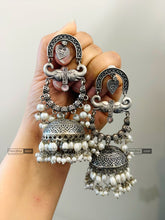 Load image into Gallery viewer, German silver lookalike Elephant Long Pearl Jhumka earrings
