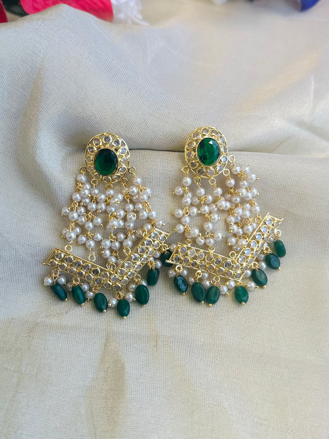 14k Gold plated Green White Pearl Temple earrings