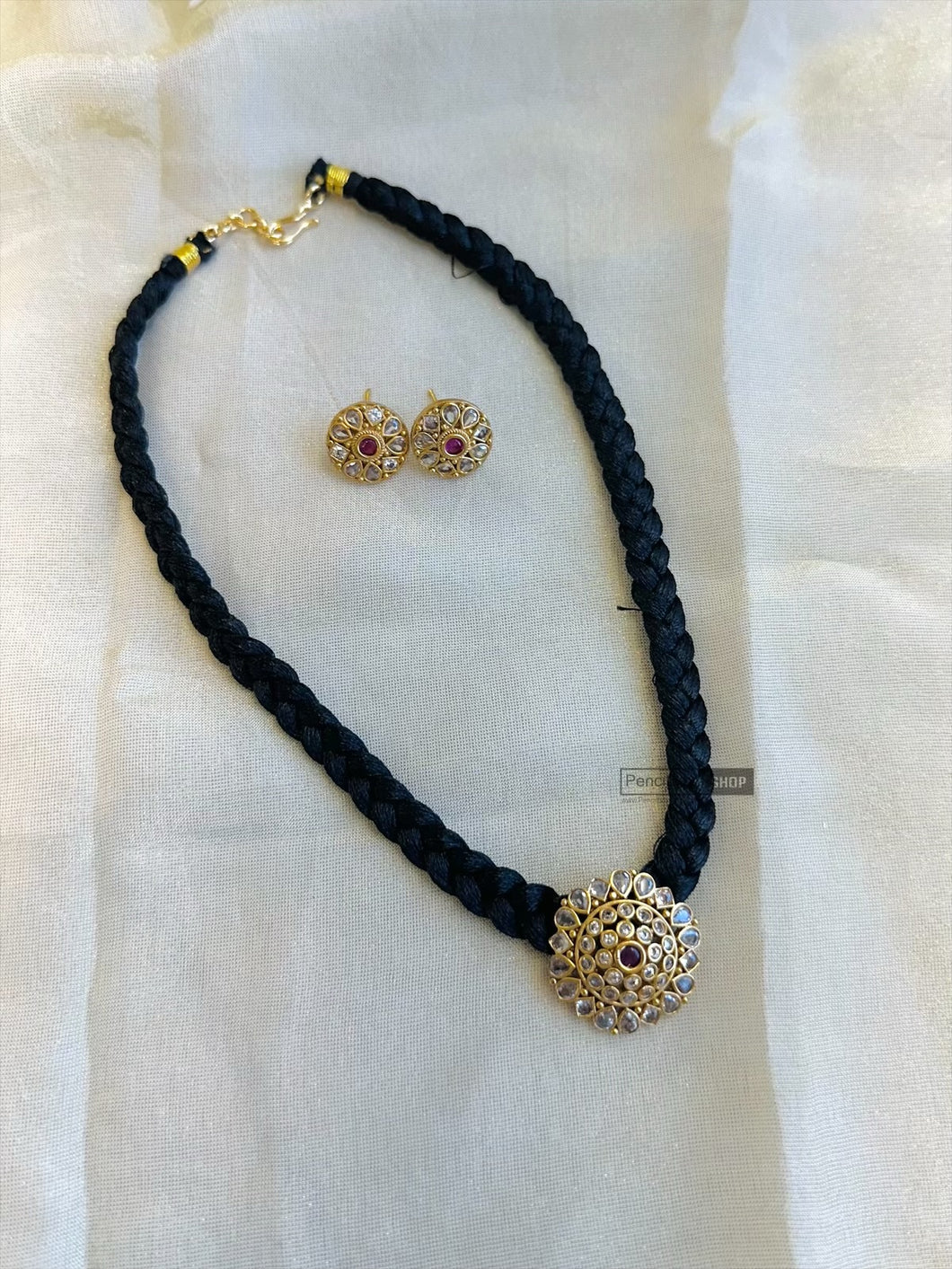 Red White Golden Dainty Black Thread Temple ethnic Necklace set