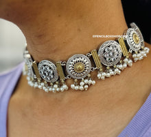 Load image into Gallery viewer, Dual tone white stone golden silver german silver necklace choker set

