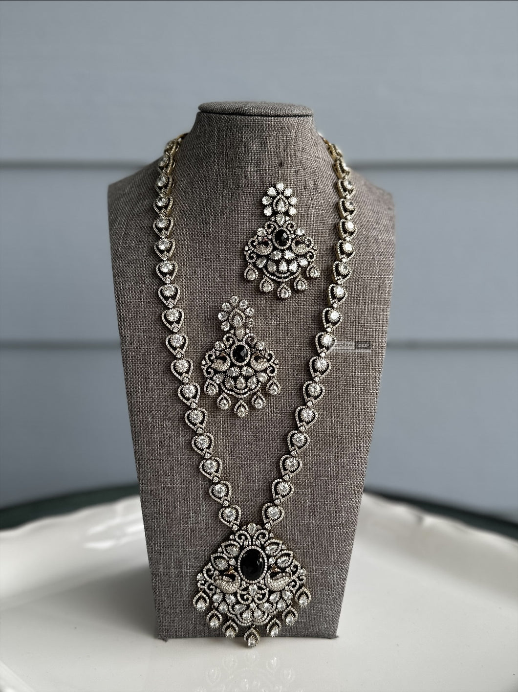 Ava Black Turkish gold plated Antique long Peacock American diamond  Premium Necklace set