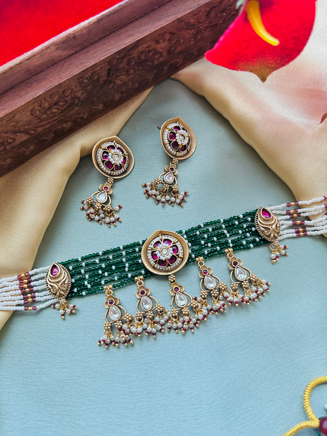 Multicolor round kundan Ruby green tassel premium choker necklace set