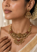 Load image into Gallery viewer, Lakshmi ji peacock coral Ruby green golden Temple Necklace set

