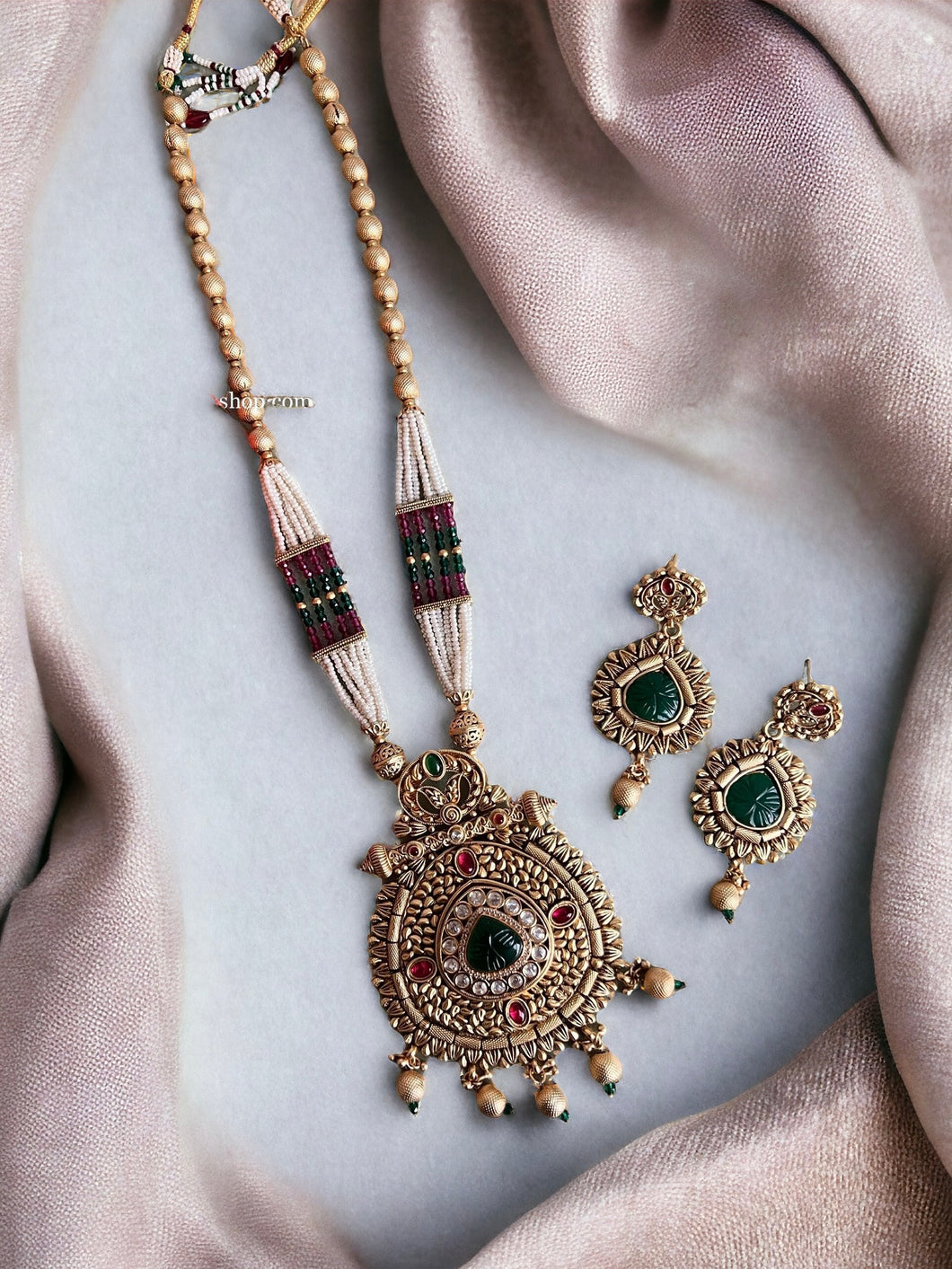 Multicolor Long kundan carved haram Necklace set templejewelry