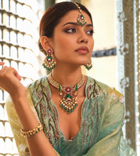 Load image into Gallery viewer, Tayani Gold Plated Ruby Green Doublet Premium Festive Necklace Set with Earrings and Mangtika
