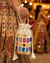Load image into Gallery viewer, Handmade Mirror Multicolor Cotton pearl potli bag

