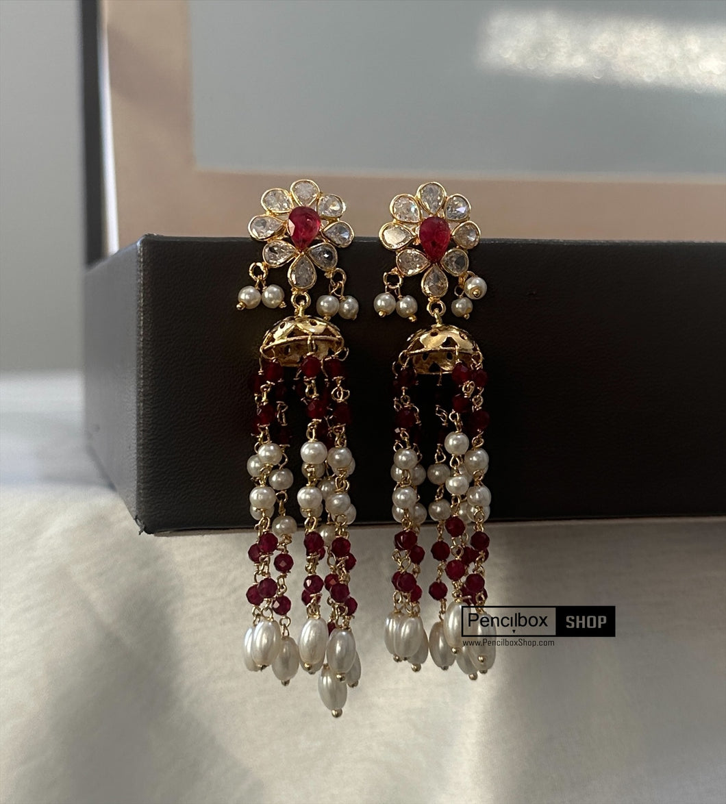 14k Gold plated Ruby white Pearl Temple earrings