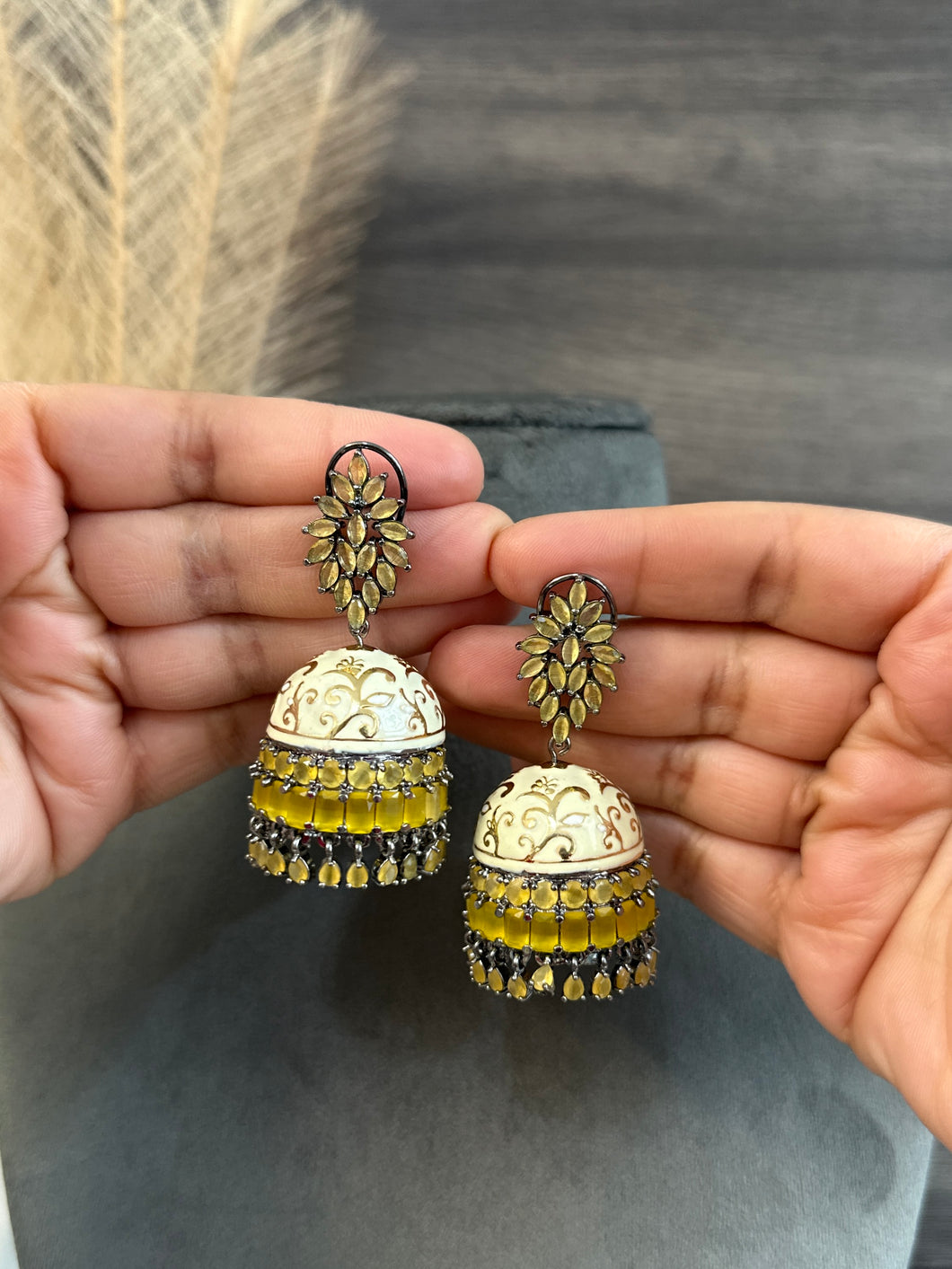 Yellow american diamond meenakari Jhumka earrings