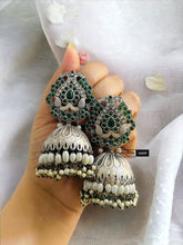 Load image into Gallery viewer, German silver Lookalike Pearl Peacock jhumka earrings
