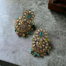 Load image into Gallery viewer, Golden Polki Multicolor Small pearl jhumki earrings
