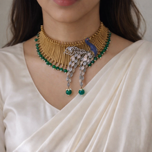 Load image into Gallery viewer, Golden Multicolor Peacock choker Designer American diamond Celebrity Necklace set
