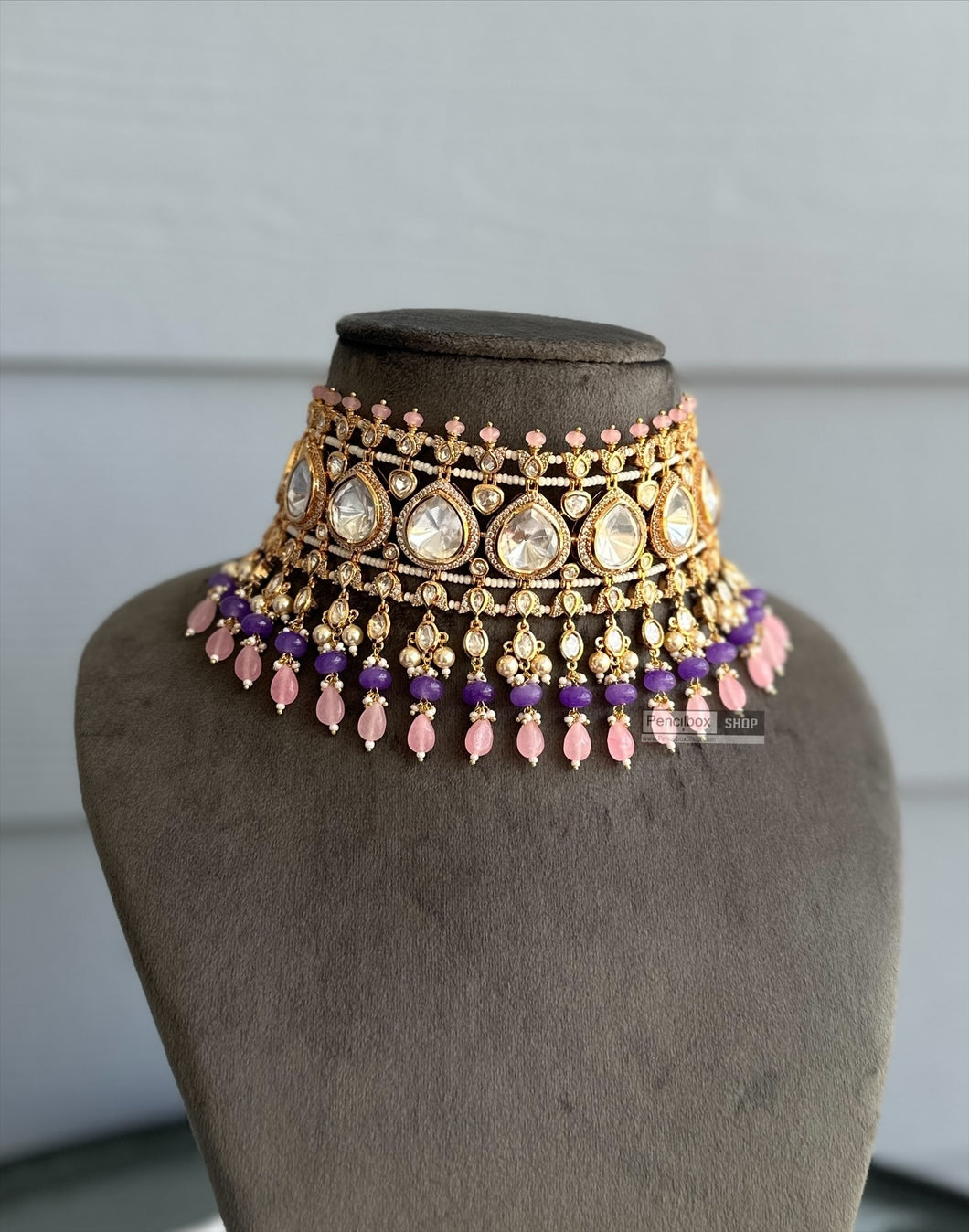Purple pink Tayani Statement Heavy 22k gold plated choker necklace set