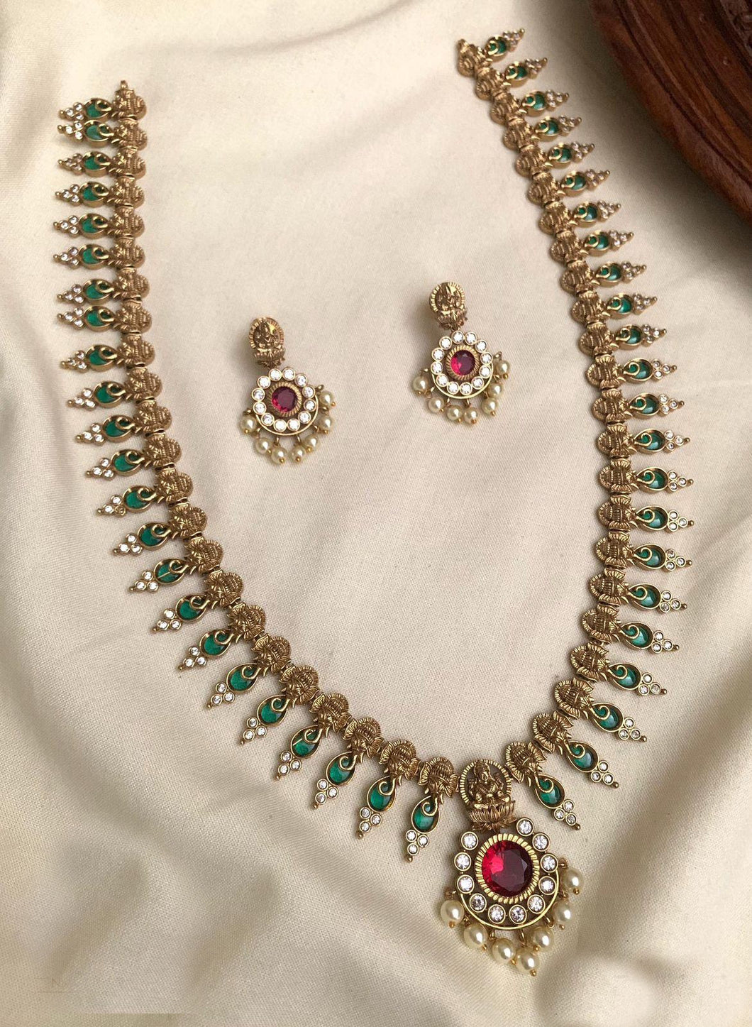Golden Antique Ruby Green Cz Long Lakshmi Ganesha Temple necklace set