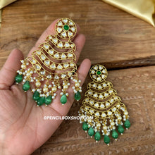 Load image into Gallery viewer, Tayani Green Golden statement Chandbali Long Jhumka Earrings

