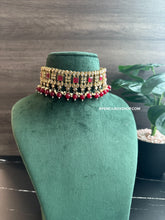 Load image into Gallery viewer, Ruby Polki Kundan Golden Pearl Choker Necklace set with Maangtikka
