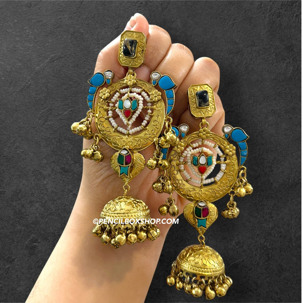 Turquoise 92.5 German silver Fusion pachi Kundan Jhumka Earrings