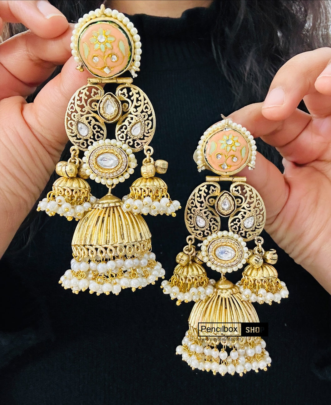 Dharna German silver 92.5 silver coated kundan Jhumka Earrings