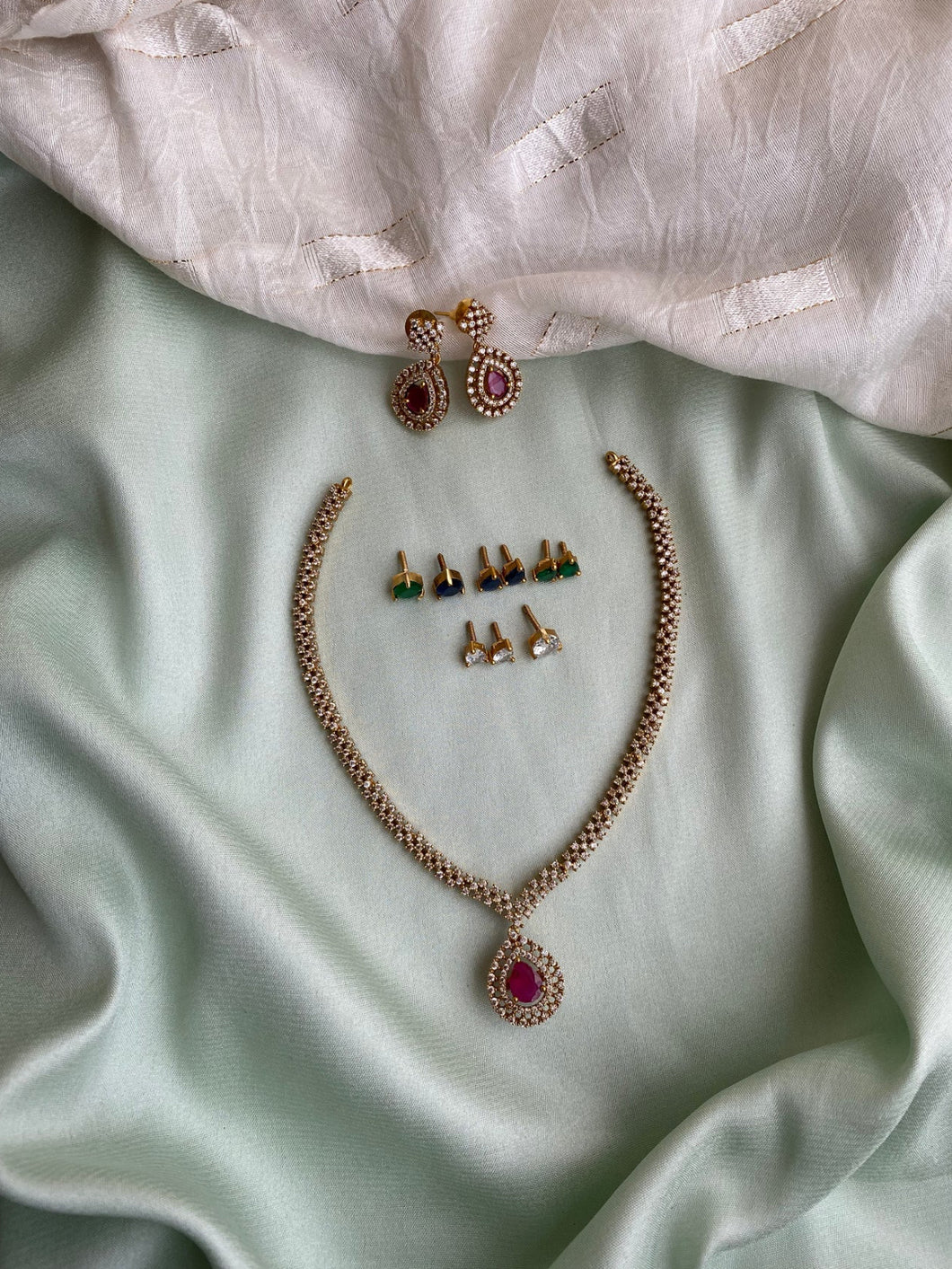 Changeable american diamond Single line Necklace set Temple Jewelry