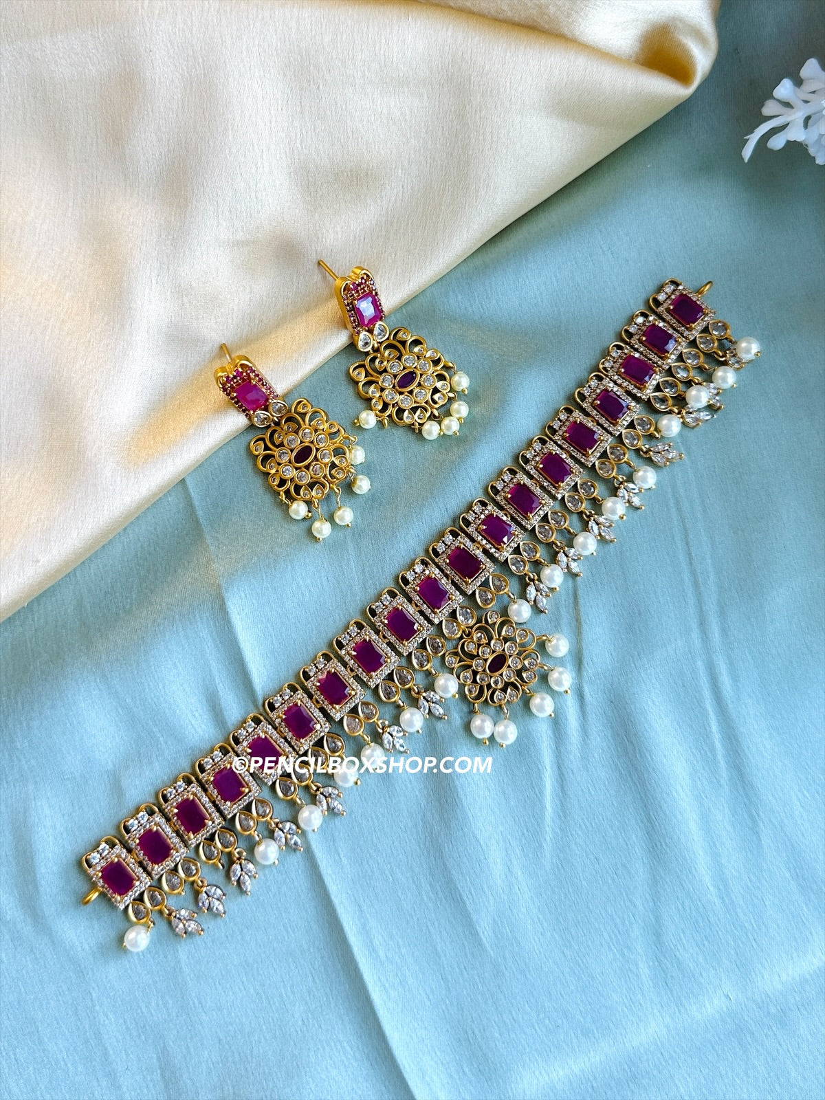 Ruby Golden CZ Kemp Stone Choker Necklace Set Temple Jewelry White
