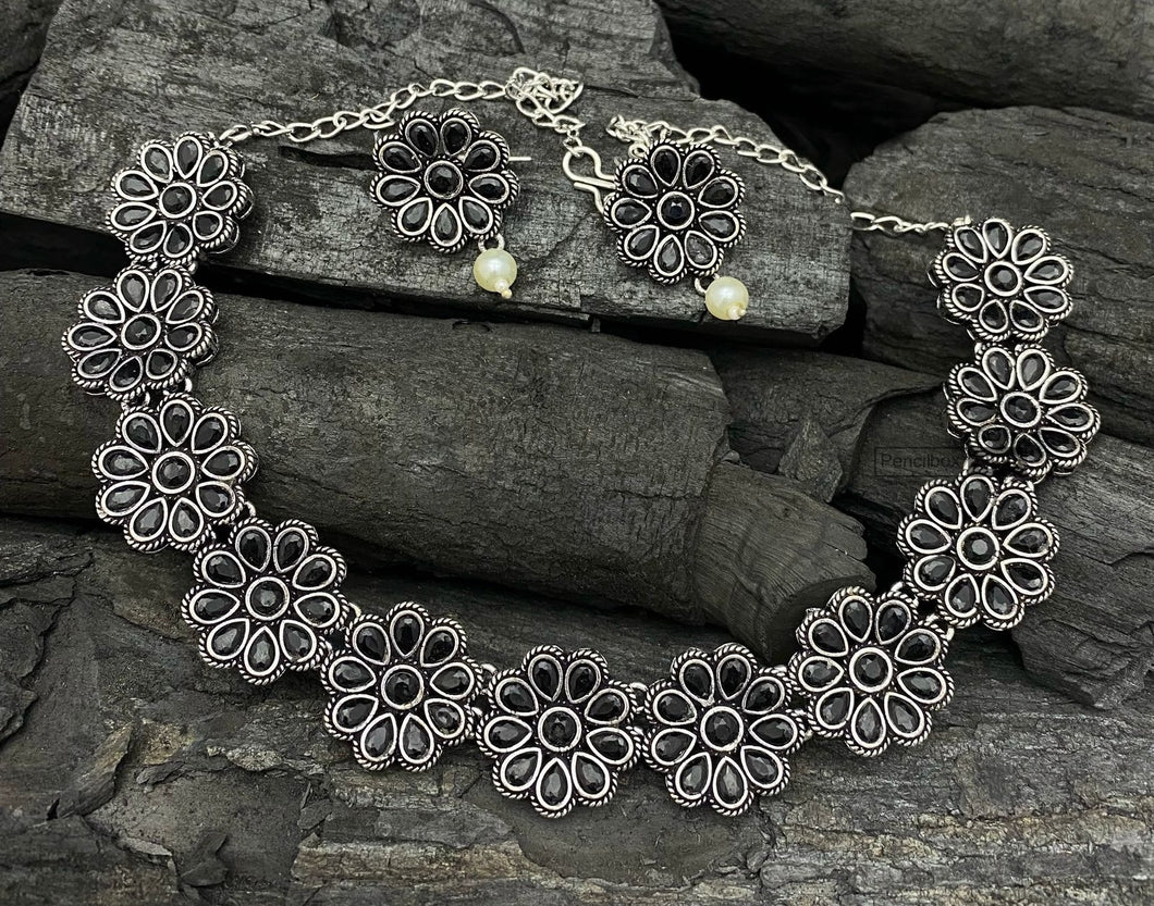 German Silver Flower Multicolor Premium stone Necklace set