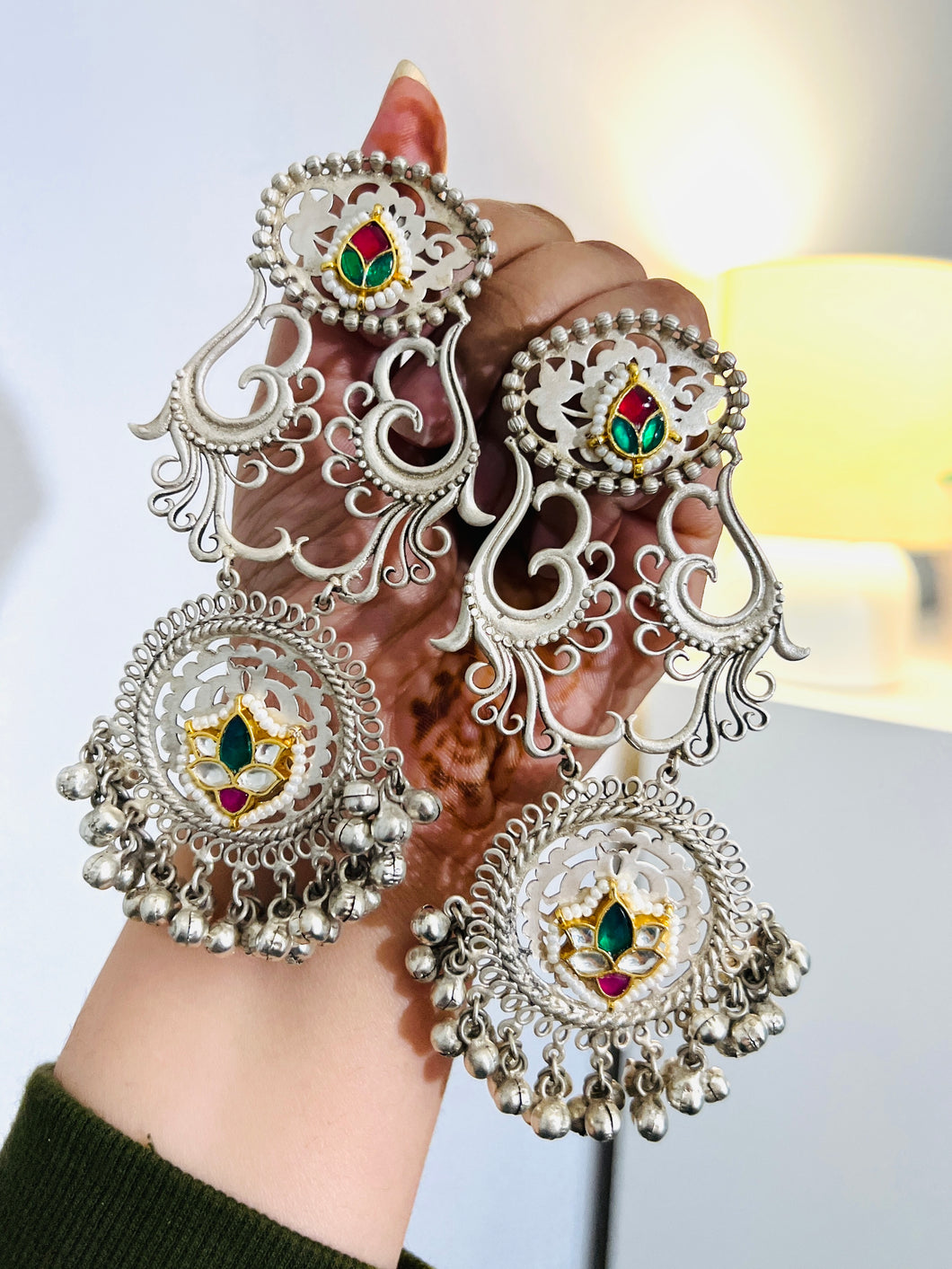 92.5 silver coated Designer Pachi kundan german  silver ghunghroo earrings