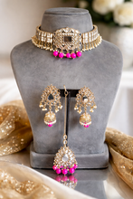 Load image into Gallery viewer, Nina Hot pink pearl Premium Mirror choker necklace set with maangtikka
