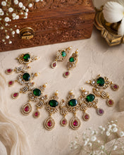 Load image into Gallery viewer, American diamond Peacock Ruby green ethnic Temple necklace set
