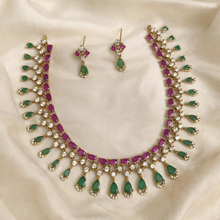 Load image into Gallery viewer, Ruby Green Cz Dainty Ethnic Temple Necklace set
