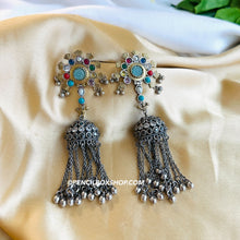Load image into Gallery viewer, German Silver Multicolor Tassel Jhumka Earrings
