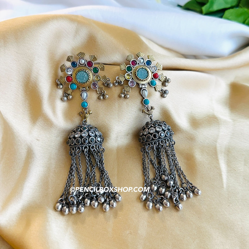 German Silver Multicolor Tassel Jhumka Earrings