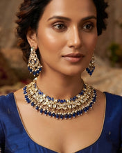 Load image into Gallery viewer, Blue Kundan silver Foiled Kundan Pearl enamel Necklace set
